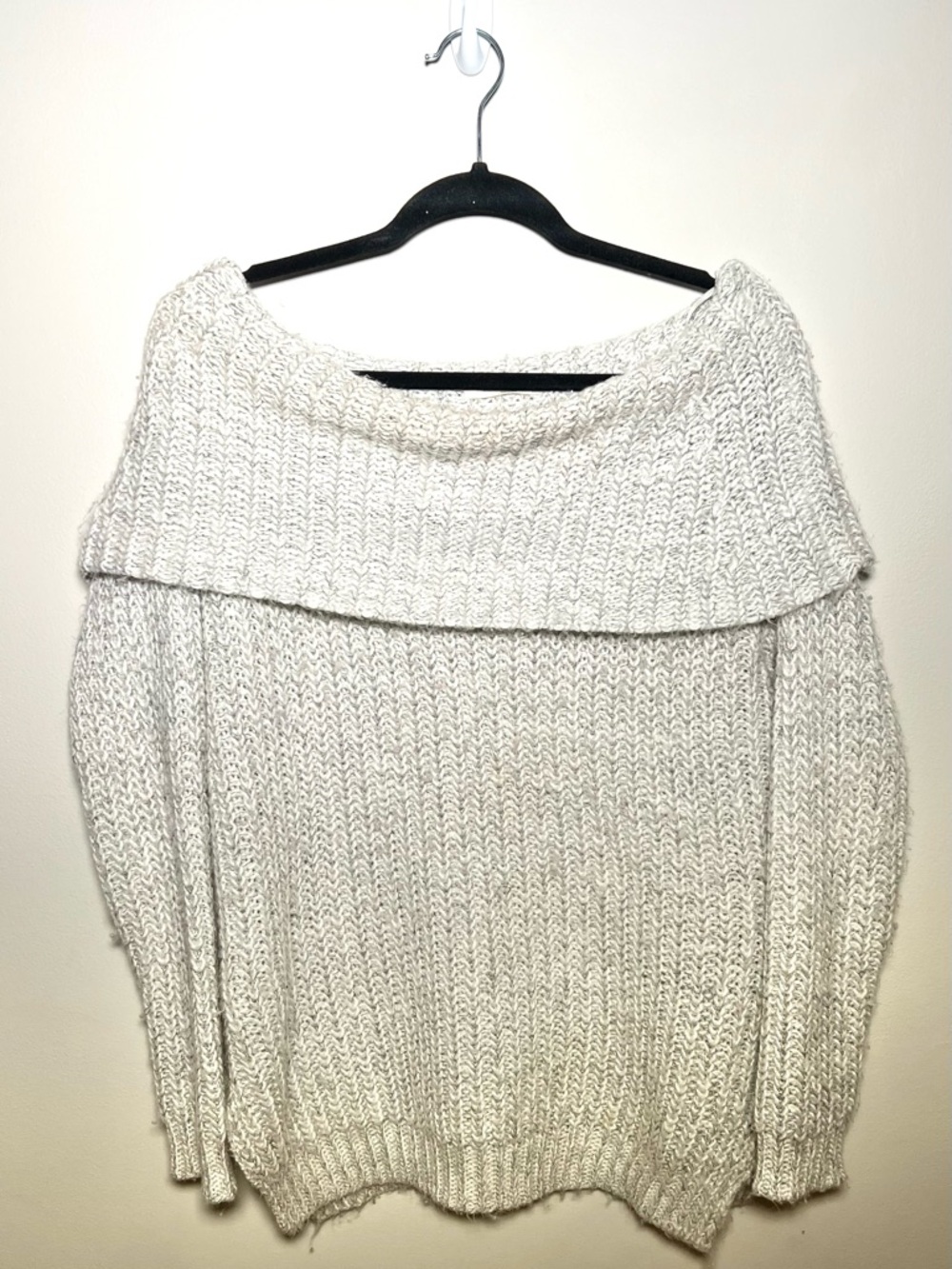 Bobbles and Lace, Off-the-Shoulder Cream Foldover Ribbed Knit Sweater